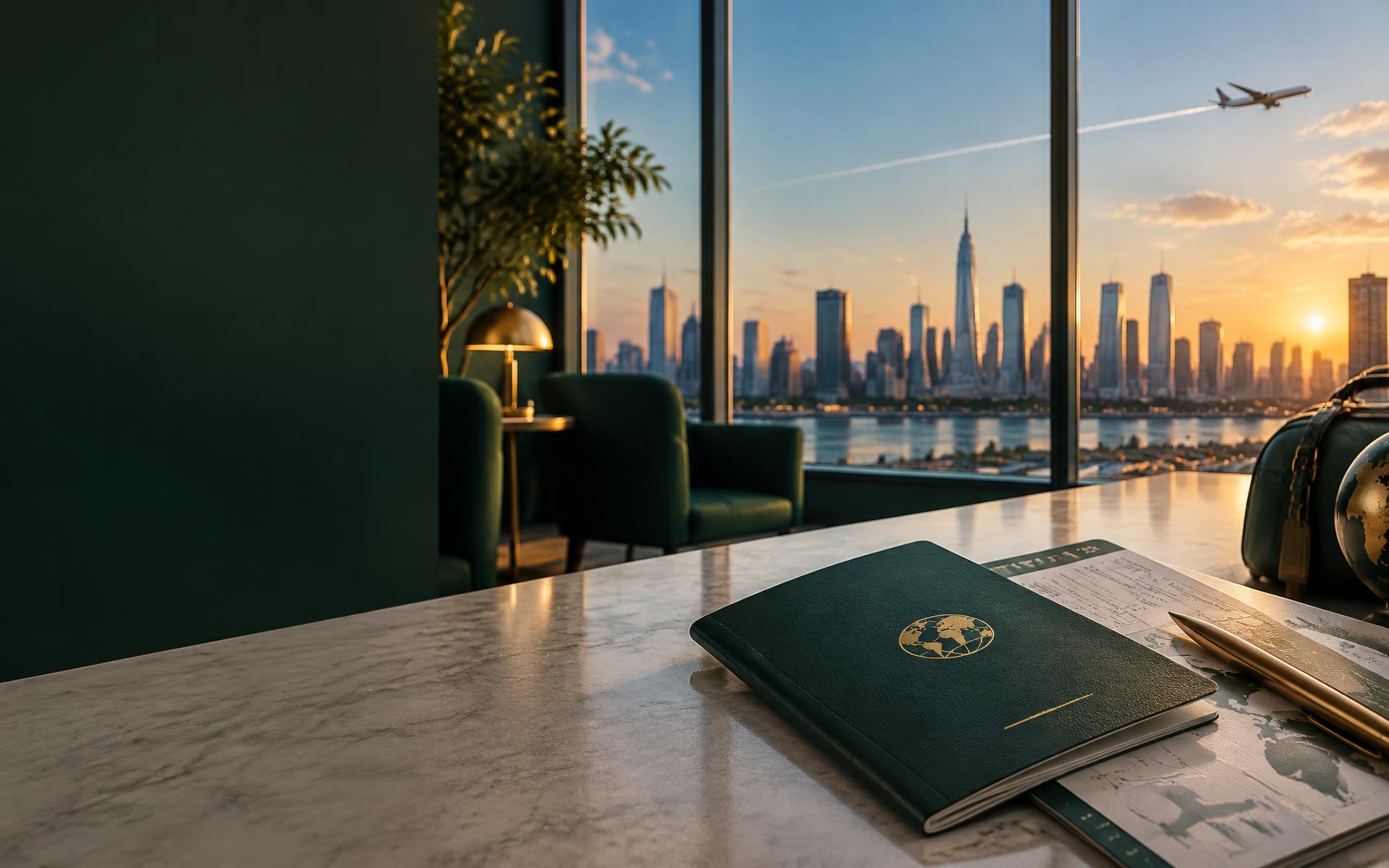 Passport and travel documents overlooking an international skyline